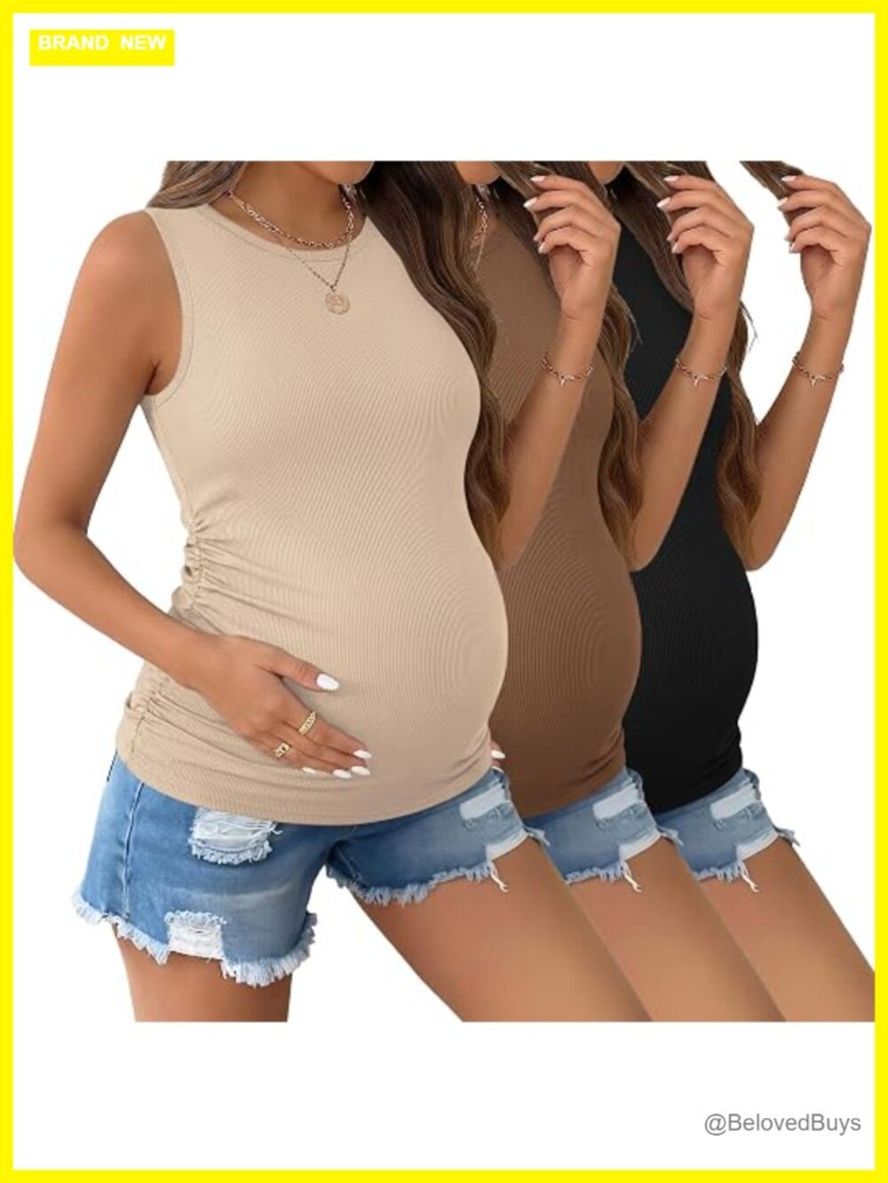 3 Pack Maternity Tank Tops Ribbed Crew Neck Pregnancy Shirts